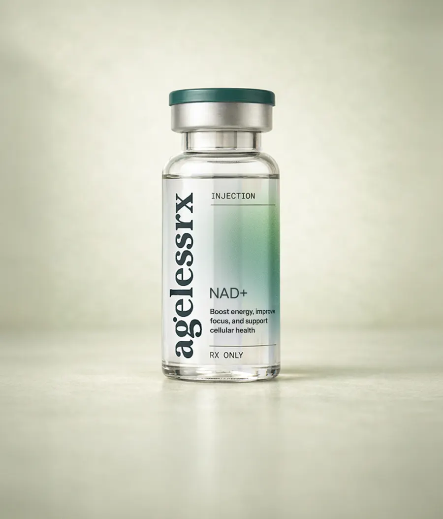 AgelessRx NAD+ injection vial with a teal cap against a pale sage background