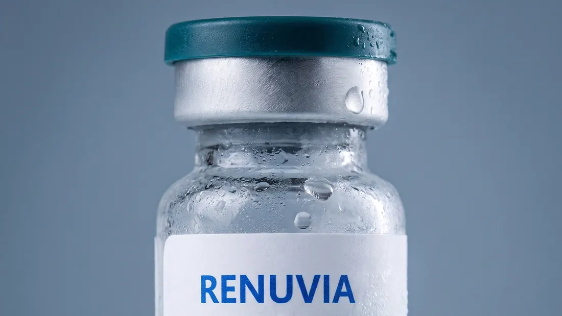 Macro photograph of the RenuviaRX NAD+ injection vial, teal cap and condensation on the glass