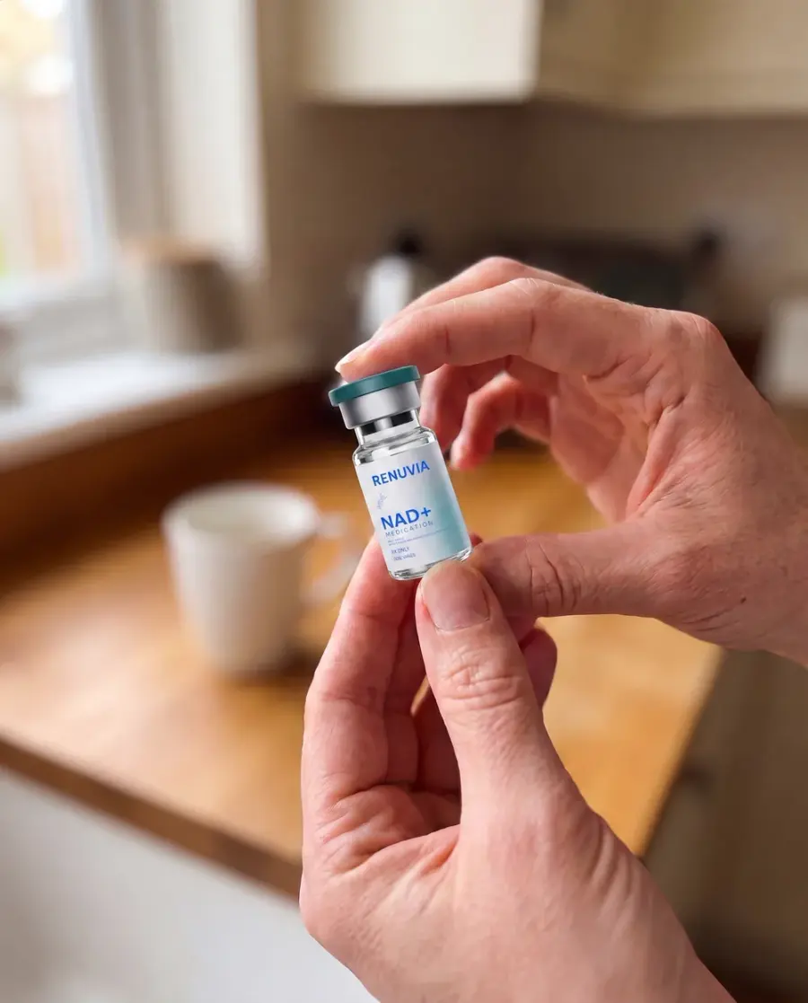 A patient's hands holding a RenuviaRX NAD+ medication vial in a home kitchen