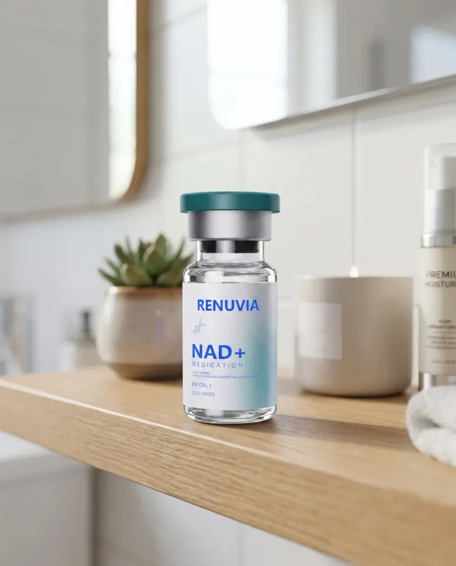 RenuviaRX NAD+ injection vial with a teal cap on a wooden bathroom shelf